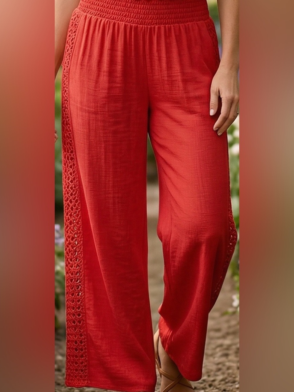 🌴 Vacation Coverup Pants | Crochet Panel on side of leg  | Flowy Poppy Red OS